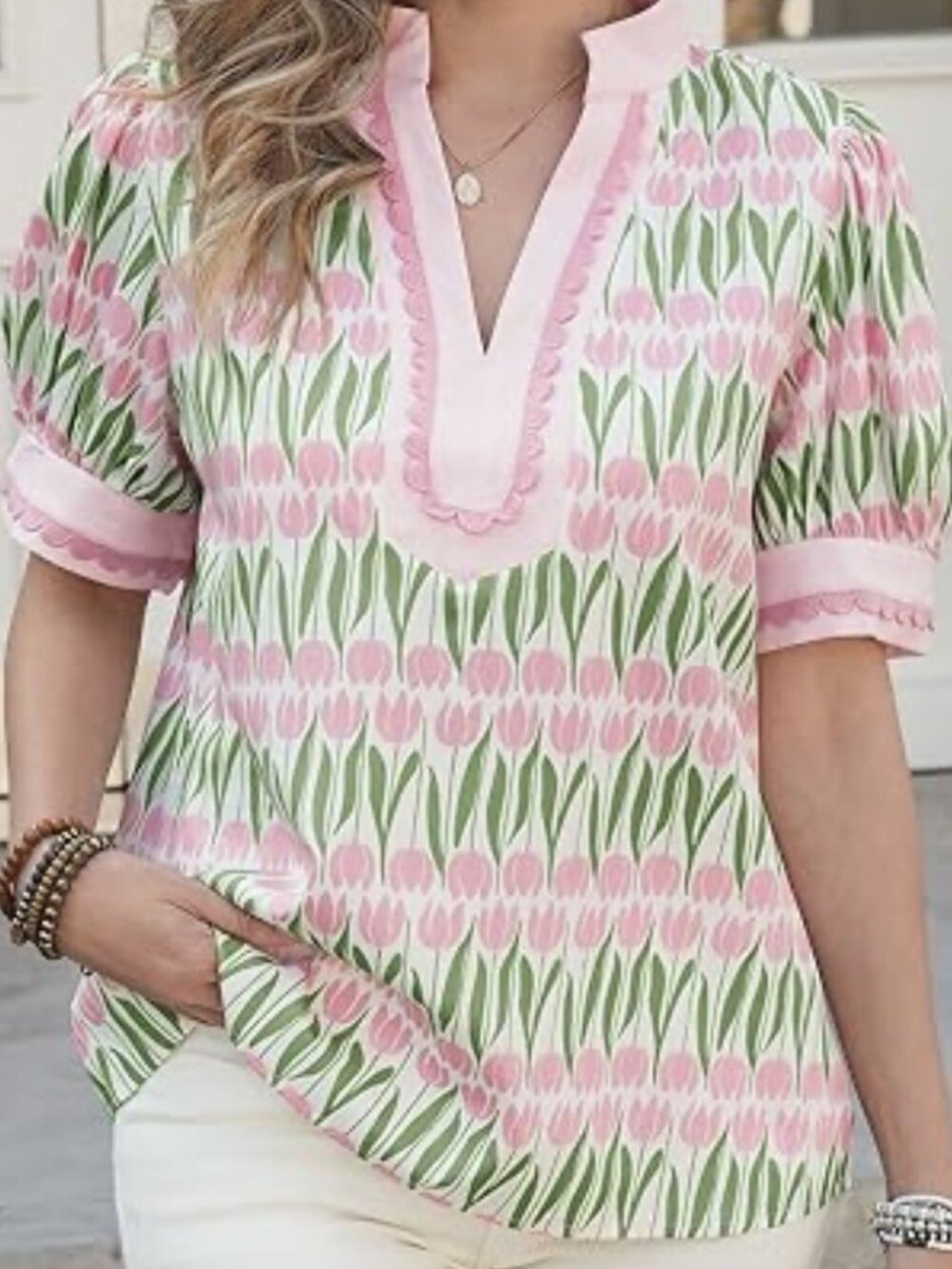 Womens Puff-Sleeve Floral Pink Green Summer V-Neck Blouse Small NWOT (#2128)